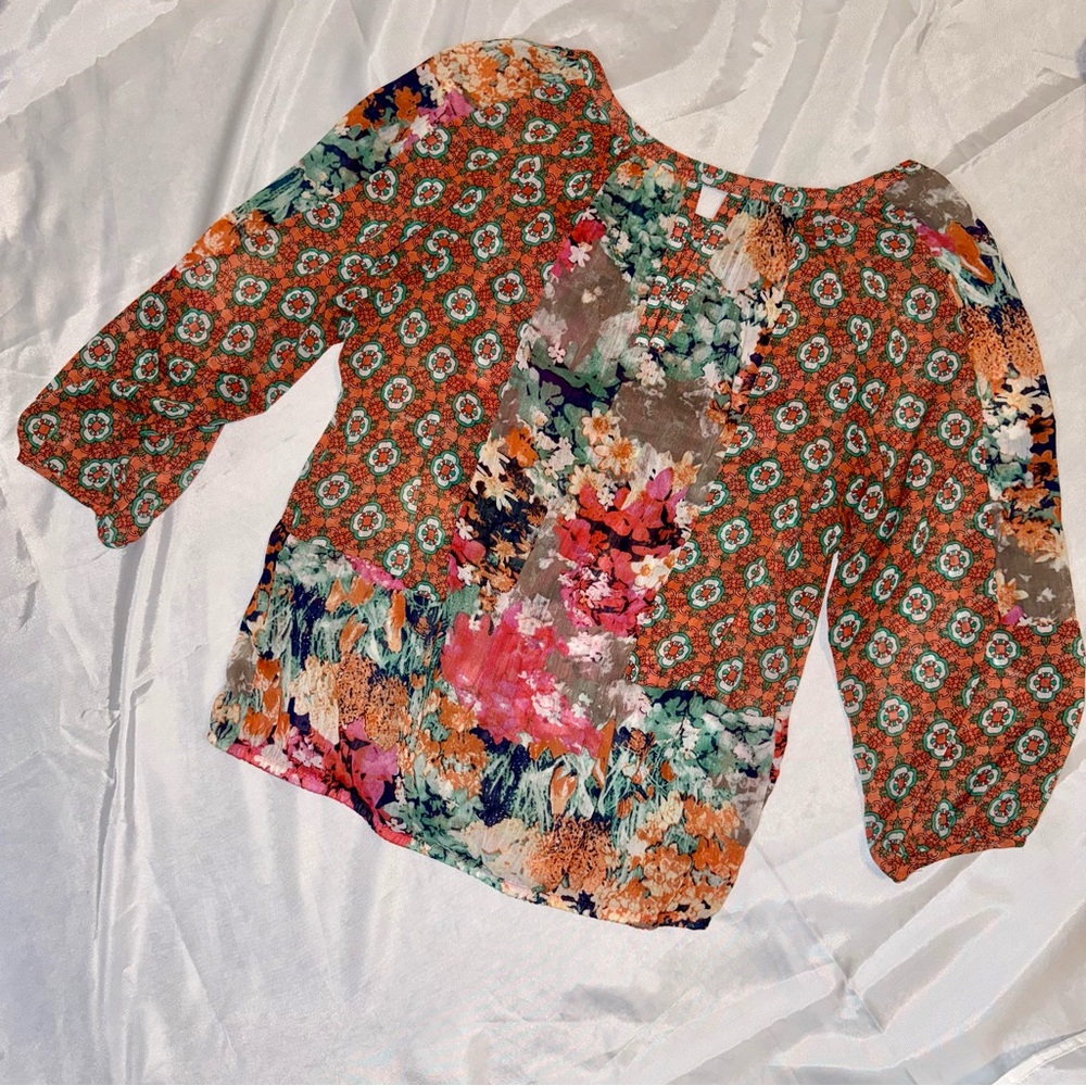 Fig & Flower Women’s‎ Sheer Floral Orange Pink Green BOHO Chic Casual Blouse Top - Picture 4 of 13